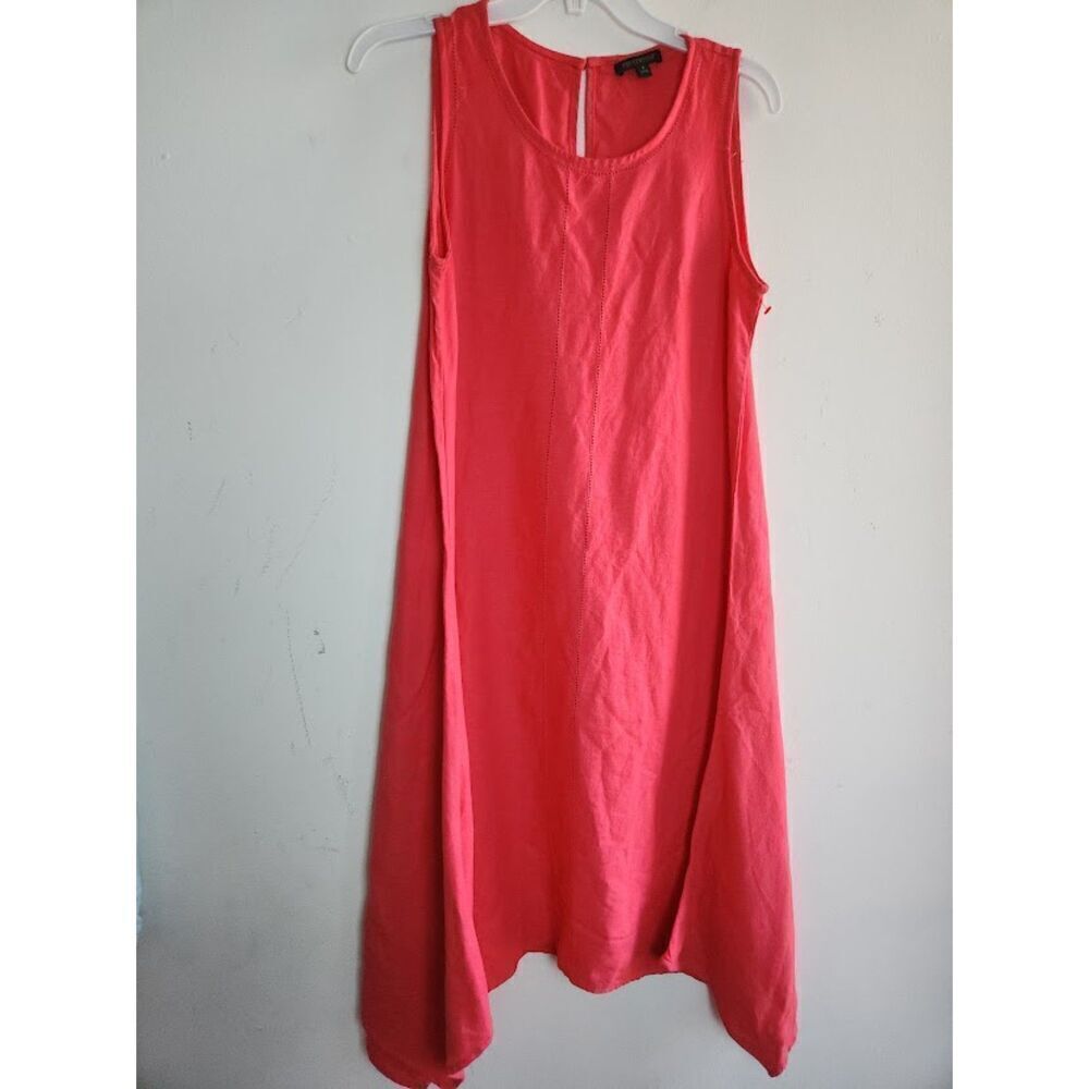 For Cynthia Women Pink Red Key Hole Back A-Line Midi Linen Blend Dress sz Small